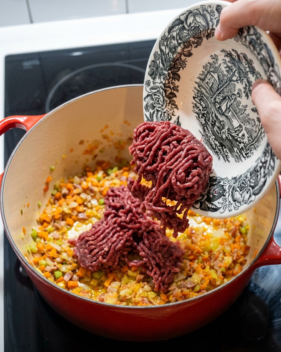 Carne macinata cruda versata da una ciotola nella pentola rossa contenente il soffritto di verdure.