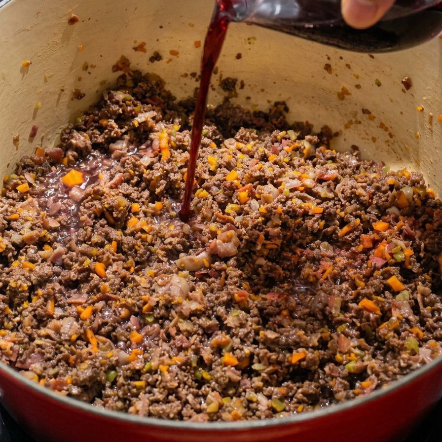 Vino rosso versato da un bicchiere in una pentola contenente carne macinata rosolata e verdure saltate.