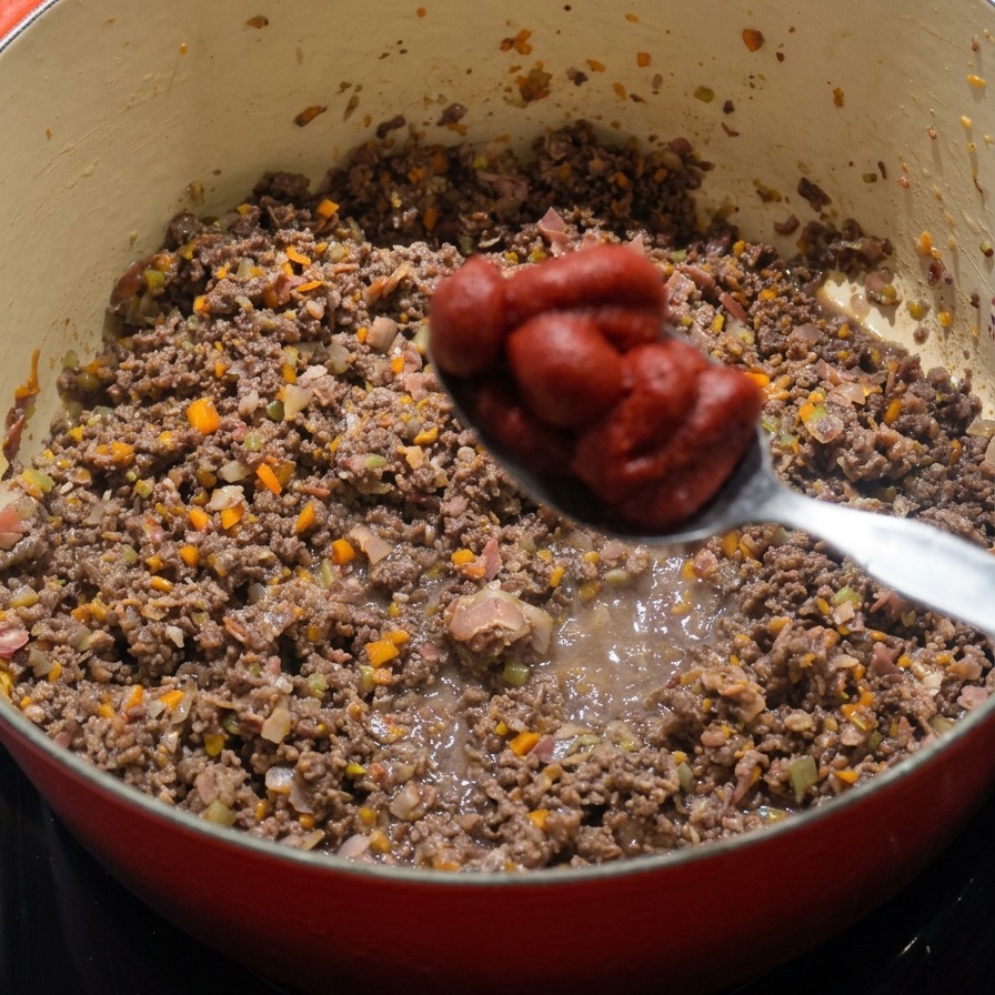 Un cucchiaio di metallo con una generosa quantità di concentrato di pomodoro sopra una casseruola piena di carne e verdure.