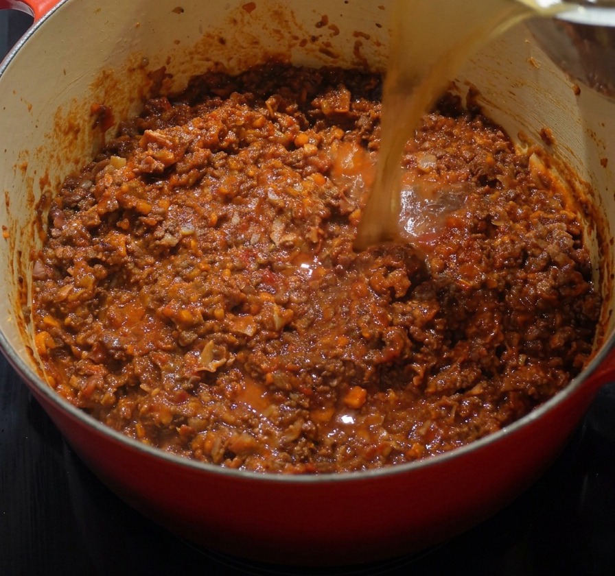 Brodo chiaro versato in una pentola rossa, coprendo il composto di carne e pomodoro.