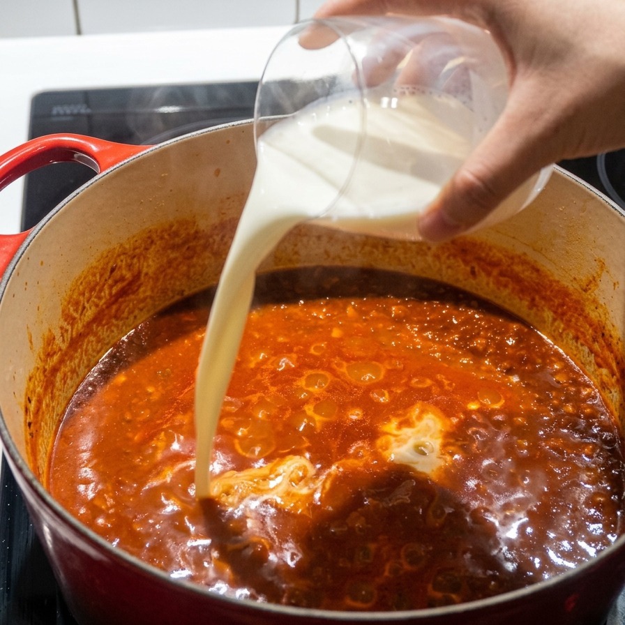 Latte bianco fresco versato in un sugo di carne denso e rosso scuro allinterno di una pentola rossa.