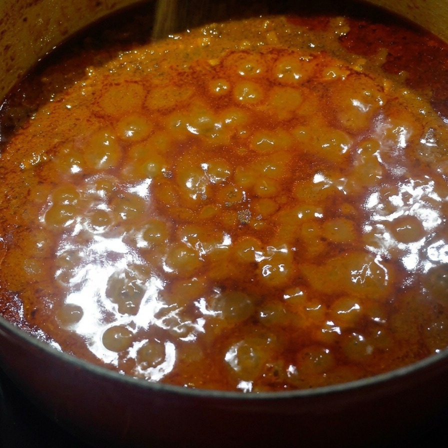 Noce moscata in polvere spolverata su un denso sugo di carne dal colore aranciato in cottura.