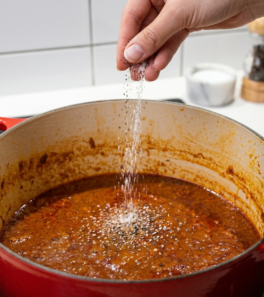 Una mano che spolvera sale e pepe nero macinato in una pentola rossa piena di un denso sugo di carne.