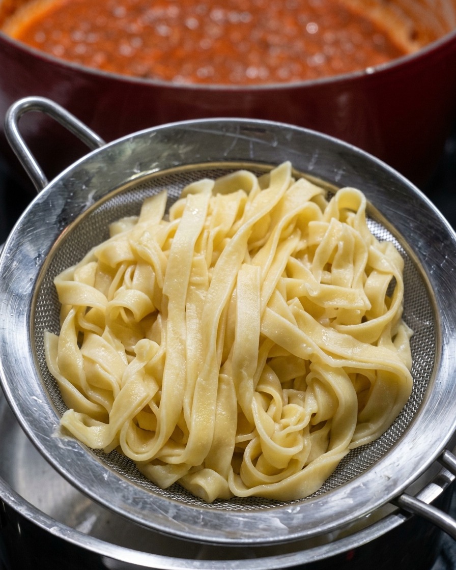 Un colino a rete metallica che solleva un nido di tagliatelle gialle cotte da una pentola fumante.
