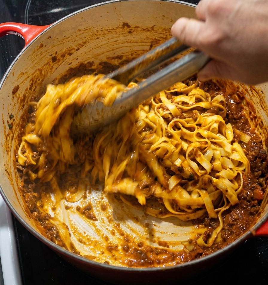 Pinze che mescolano larghe tagliatelle in un ricco sugo di carne allinterno di una pentola di ghisa smaltata rossa.