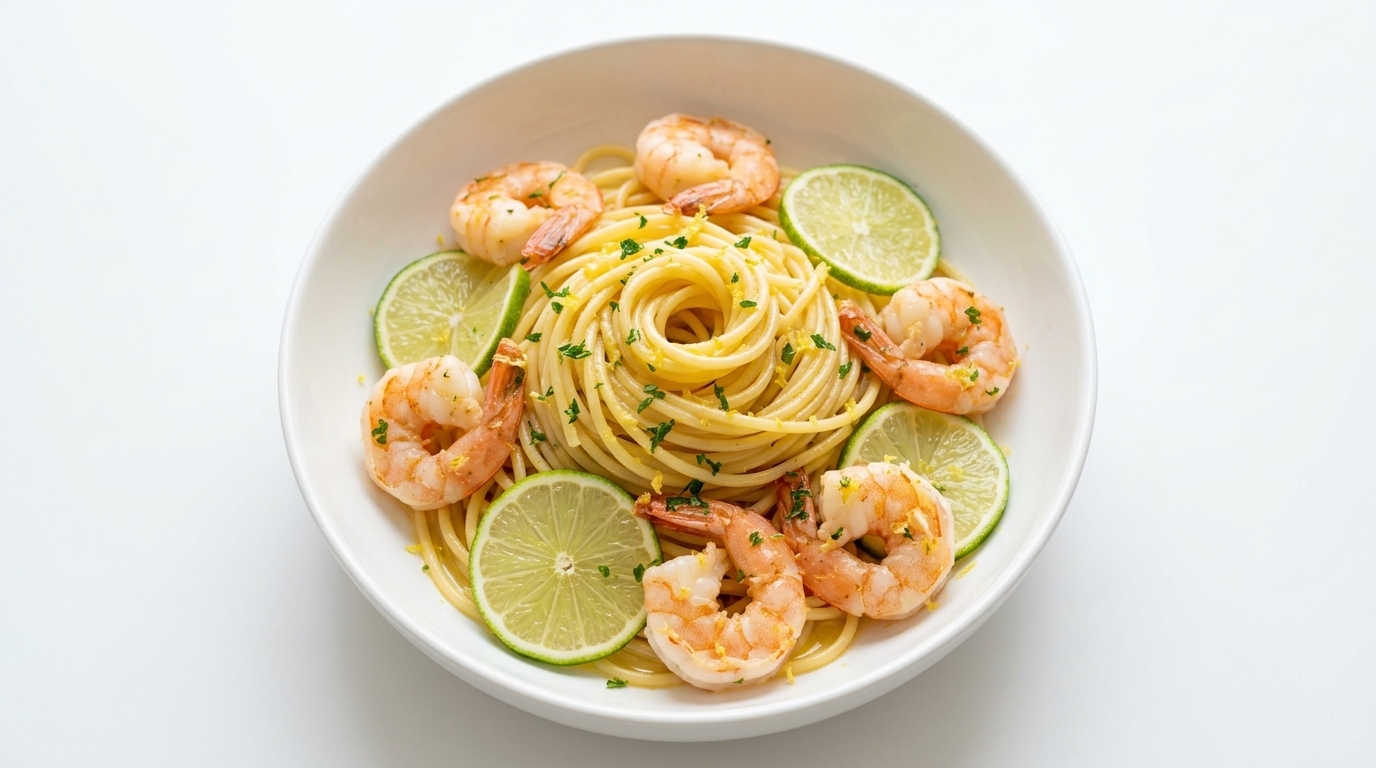 Pasta ai gamberi con aglio, burro e scorza di limone fresco