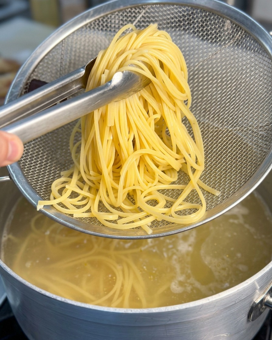 Una pinza solleva un nido di spaghetti gialli in un colino a maglia metallica sopra una pentola dacqua anticancerogena.