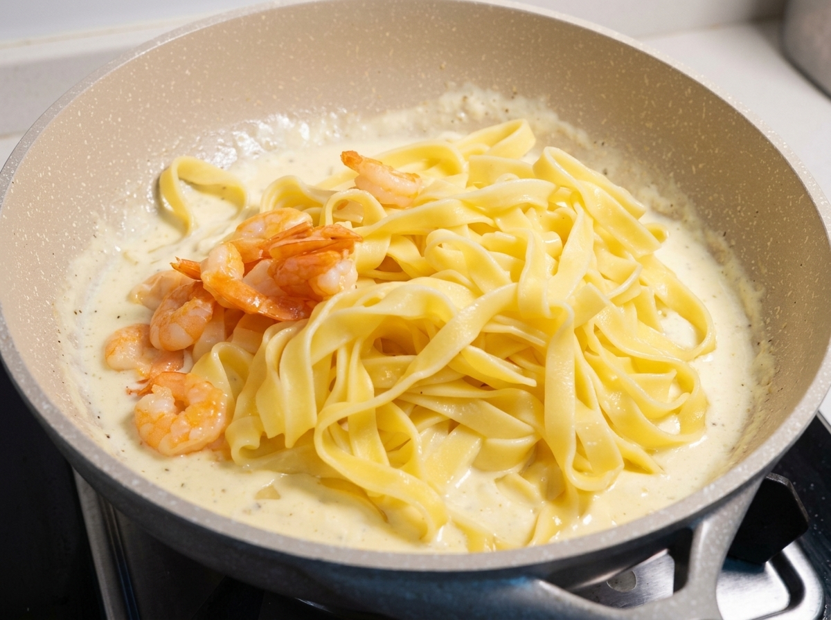 Gamberi cotti e rosati aggiunti a una padella colma di fettuccine e salsa alla panna bianca.