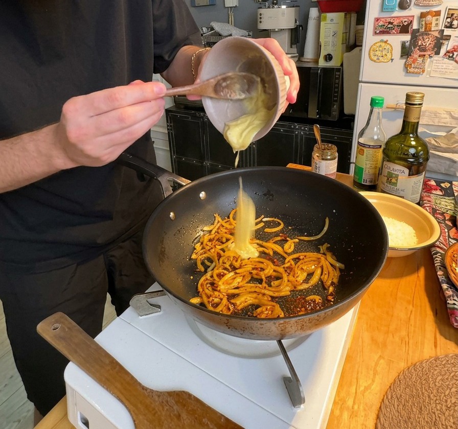 Una densa crema di burro allaglio versata da una piccola ciotola di ceramica in una padella con il soffritto di cipolla.