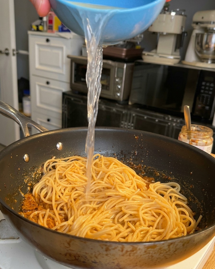 Un filo di acqua di cottura limpida versata da una ciotola blu su una padella di spaghetti saltati con la salsa alla panna.