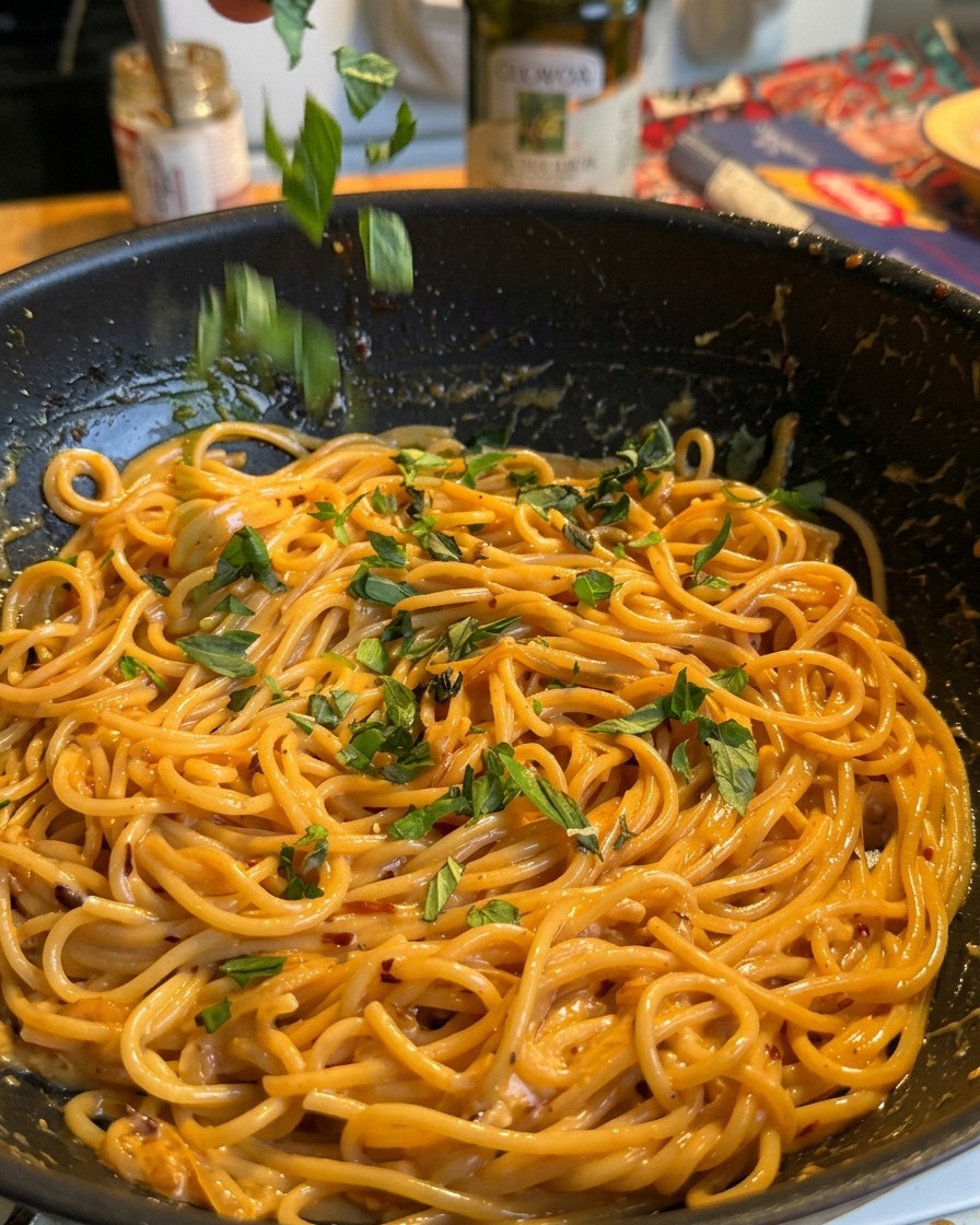 Foglie di basilico verde fresco appena sminuzzate che cadono su un piatto pronto di spaghetti cremosi allaglio e peperoncino.