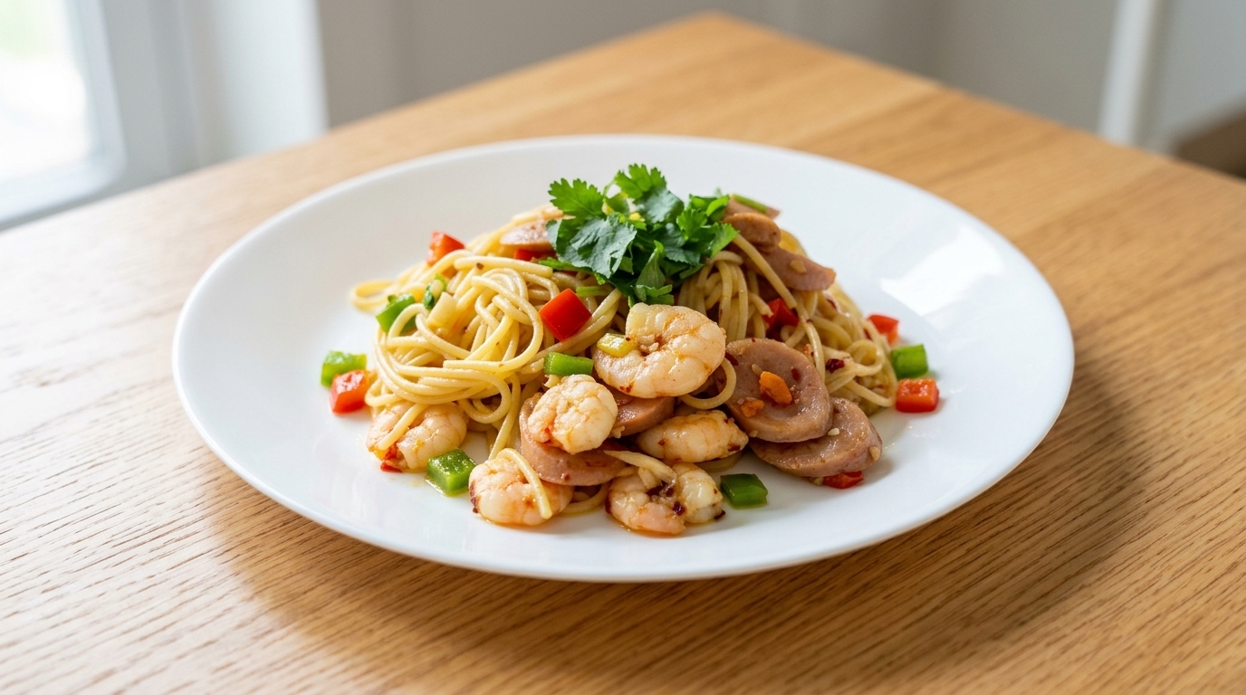 Spaghetti al Wok all'Aglio con Gamberi e Salsiccia