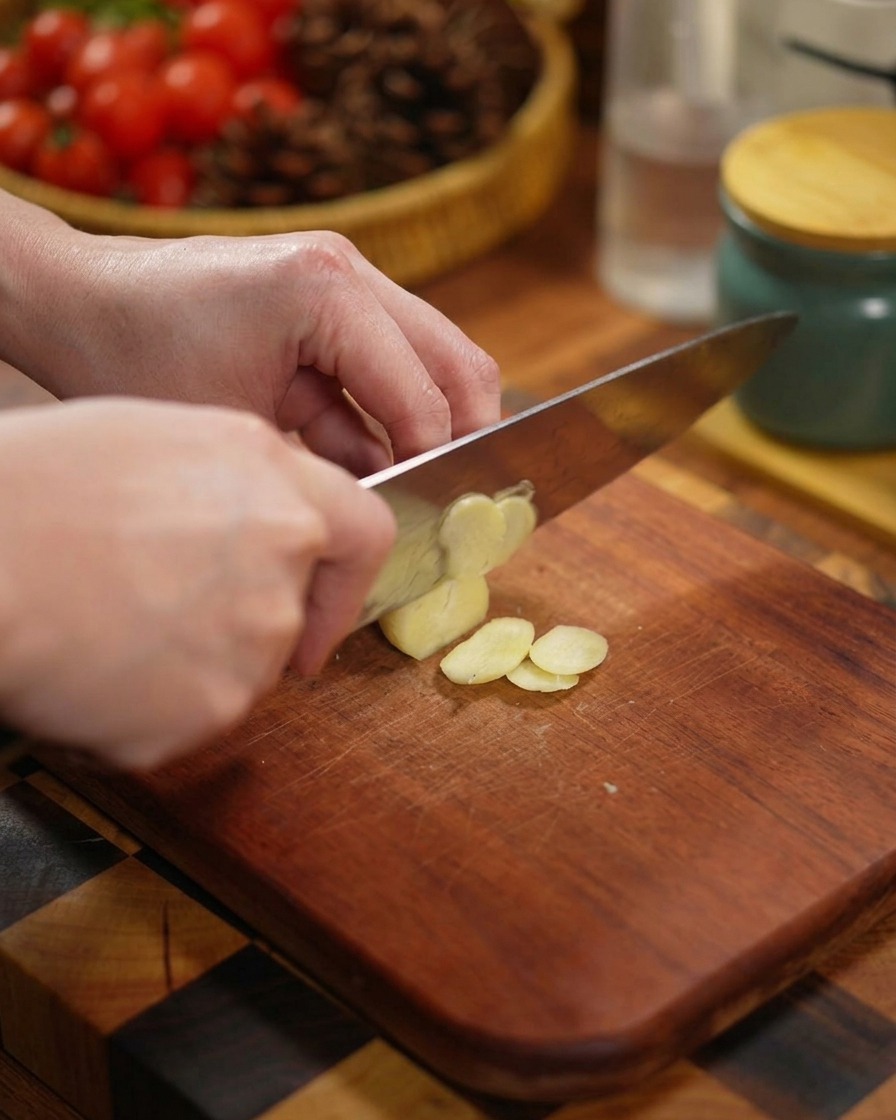 Mani che usano un coltello per affettare finemente spicchi daglio crudo su un tagliere di legno.