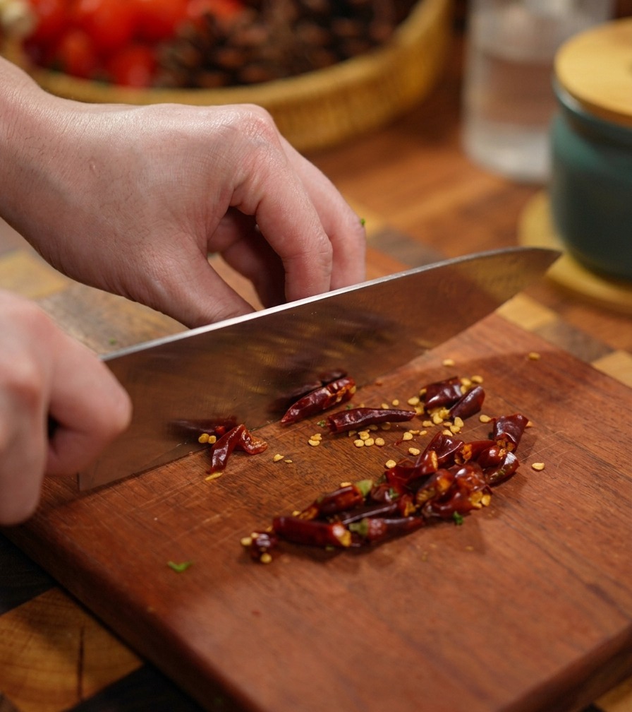 Mani che usano un coltello in acciaio inossidabile per sminuzzare alcuni peperoncini rossi secchi su un tagliere di legno, con i semi visibili.