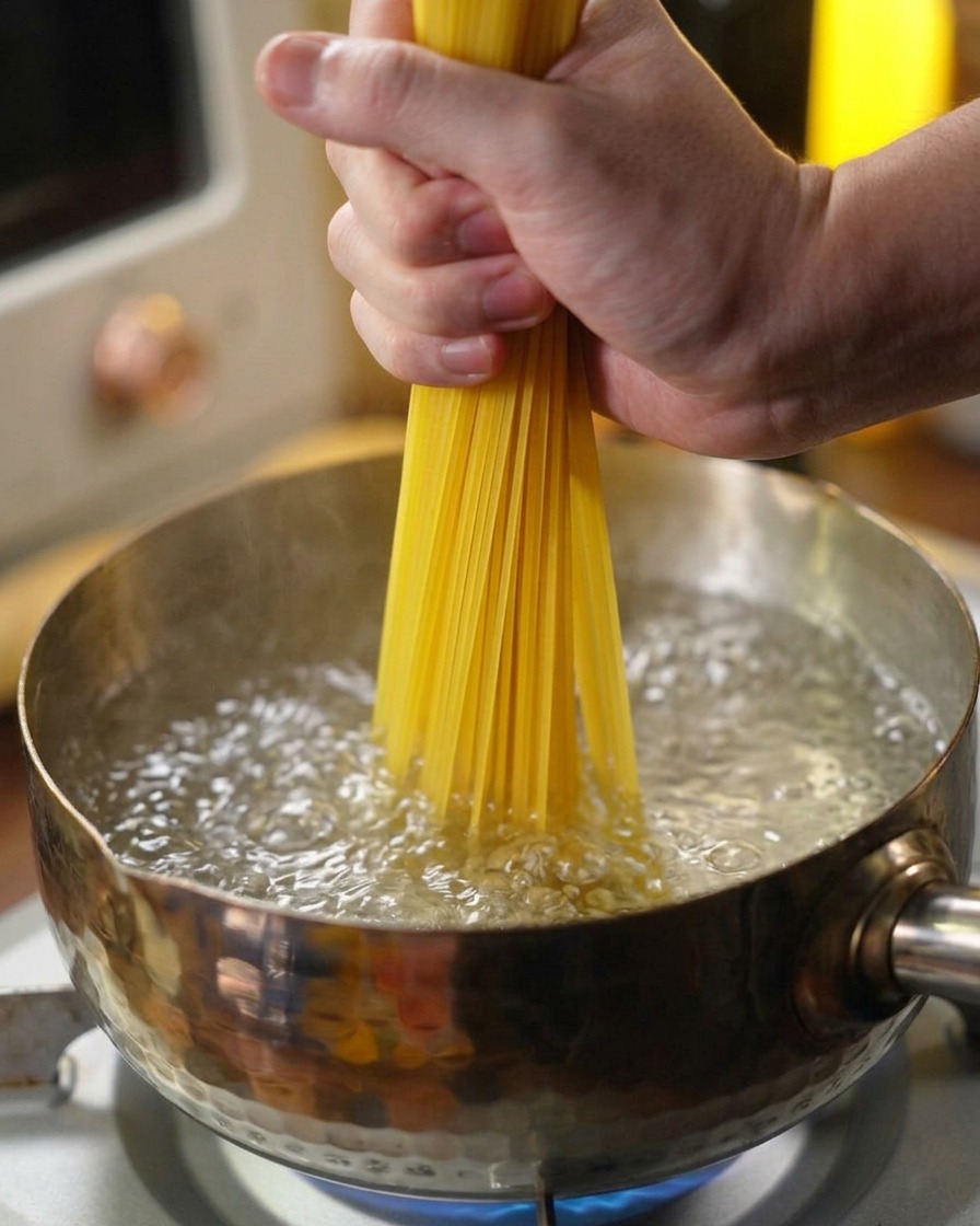 Una mano che cala gli spaghetti crudi in una pentola dacqua che bolle vigorosamente.