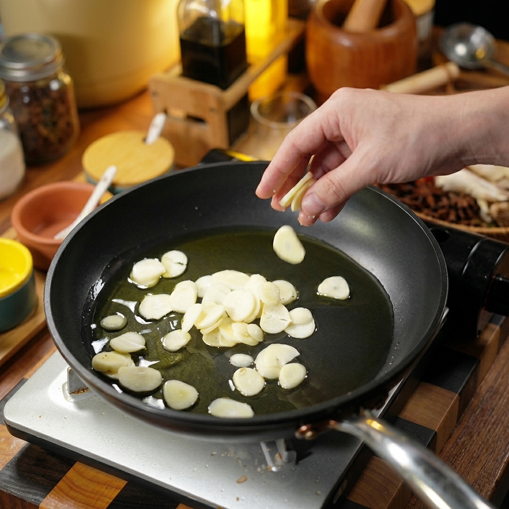 Fettine di aglio crudo lasciate cadere in una padella con olio caldo per essere saltate.