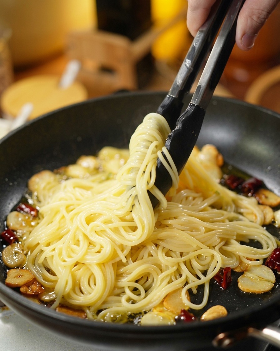 Pinze da cucina che trasferiscono gli spaghetti cotti direttamente nella padella con lolio infuso allaglio e peperoncino.