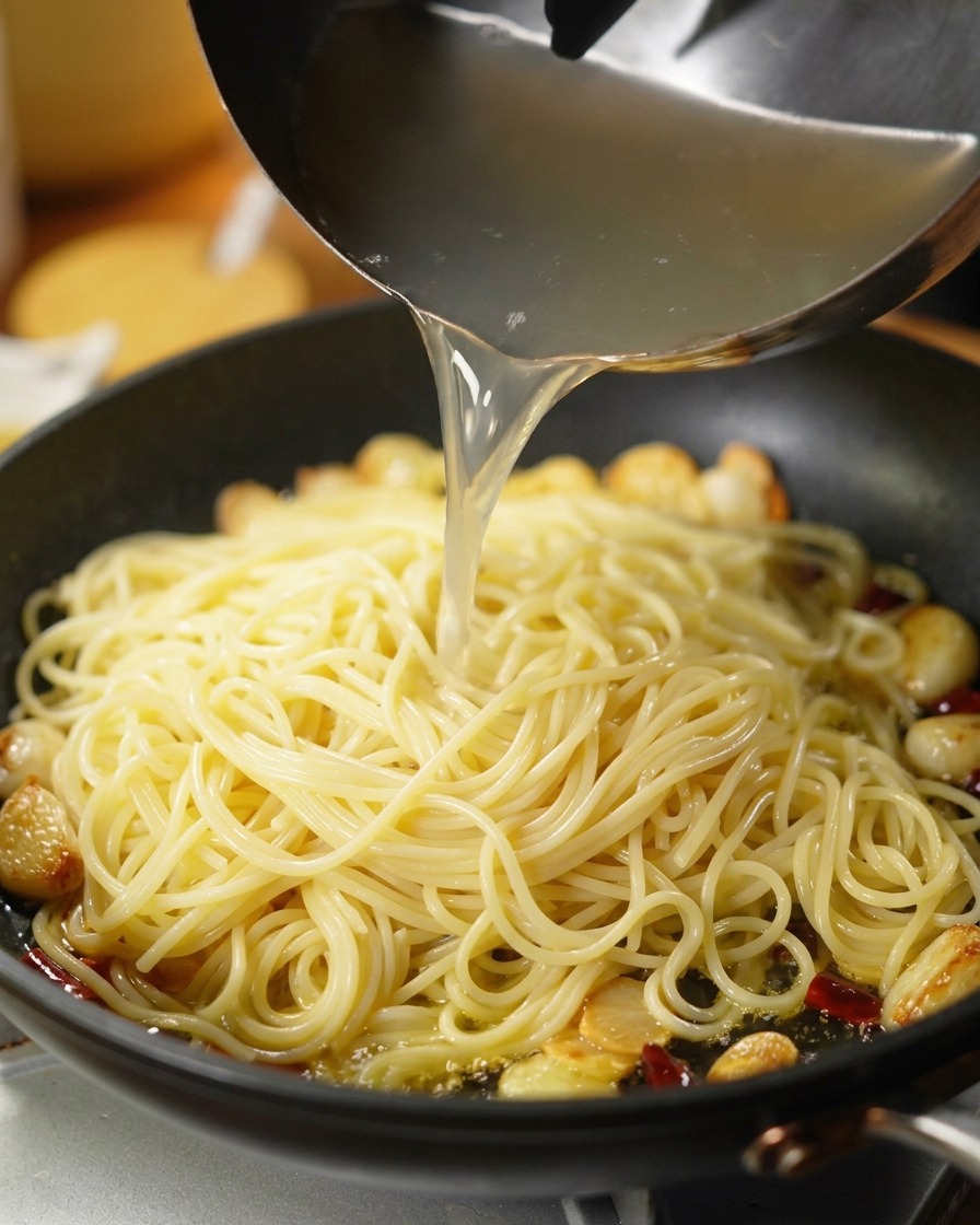 Un mestolo di metallo che versa lacqua di cottura della pasta, opaca e ricca di amido, sopra gli spaghetti in padella.