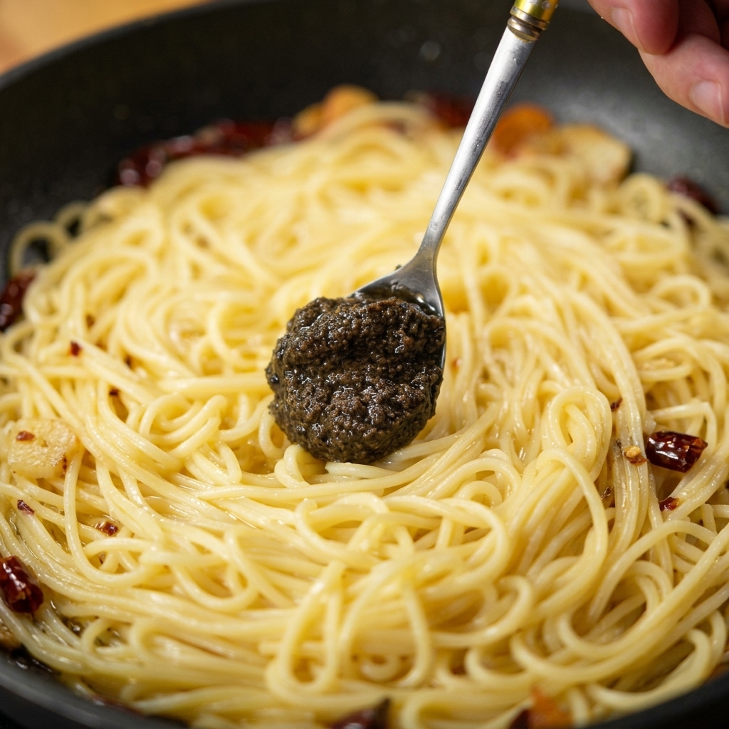 Un cucchiaio che adagia una generosa porzione di densa salsa al tartufo nero sopra gli spaghetti in padella.