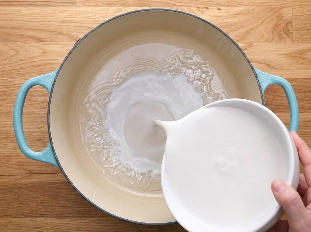 Latte che viene versato in una pentola da cucina azzurra.