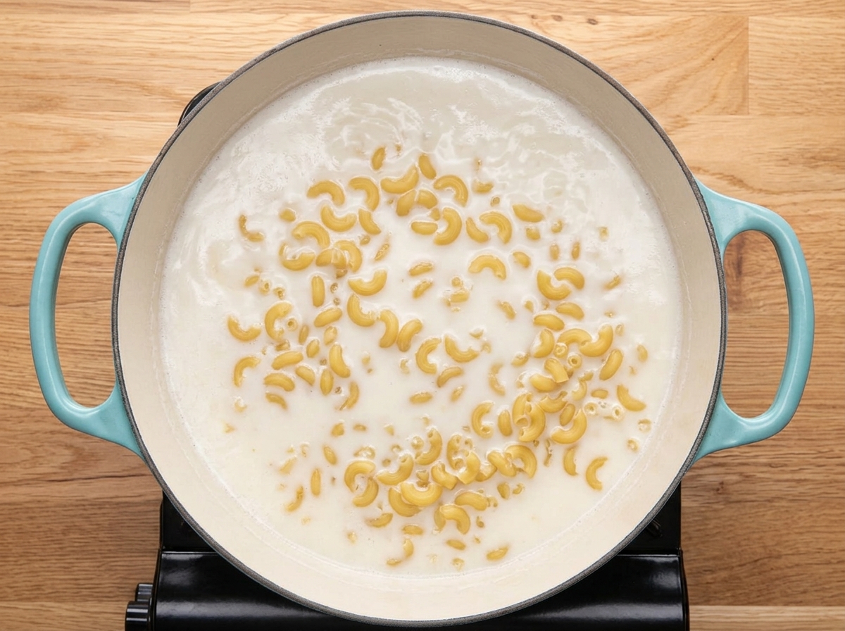 Pasta cruda immersa nel latte che sobbolle dentro una pentola azzurra.