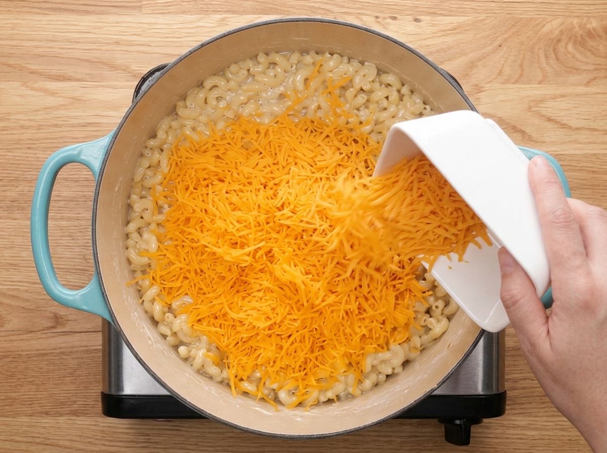 Cheddar grattugiato versato da una ciotola bianca sui maccheroni cotti in pentola.