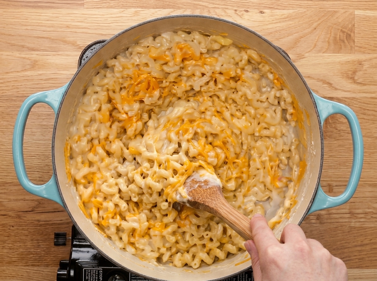 Maccheroni al formaggio cremosi che vengono girati con un cucchiaio di legno in una pentola azzurra.
