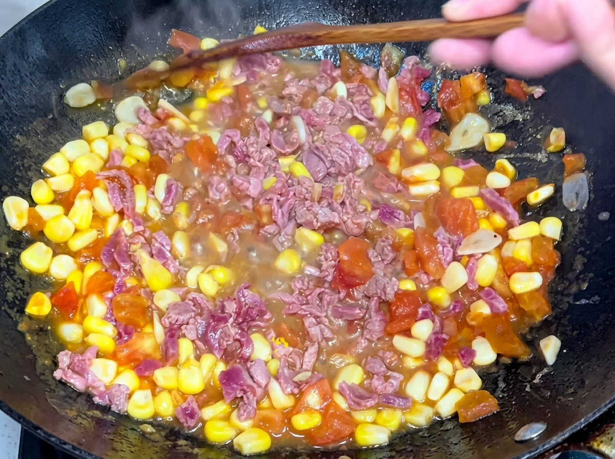 Straccetti di manzo, chicchi di mais e pomodori saltati insieme in un wok nero con una spatola di legno.
