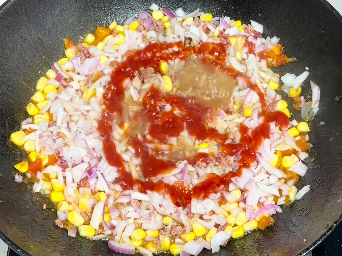 Cipolle rosse tritate finemente e un filo di ketchup rosso aggiunti al composto di manzo e mais in padella.