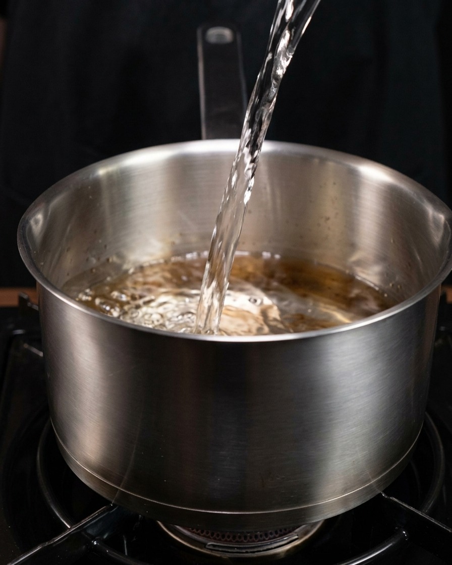 Acqua limpida versata da una brocca in una pentola alta in acciaio inossidabile sul fornello.