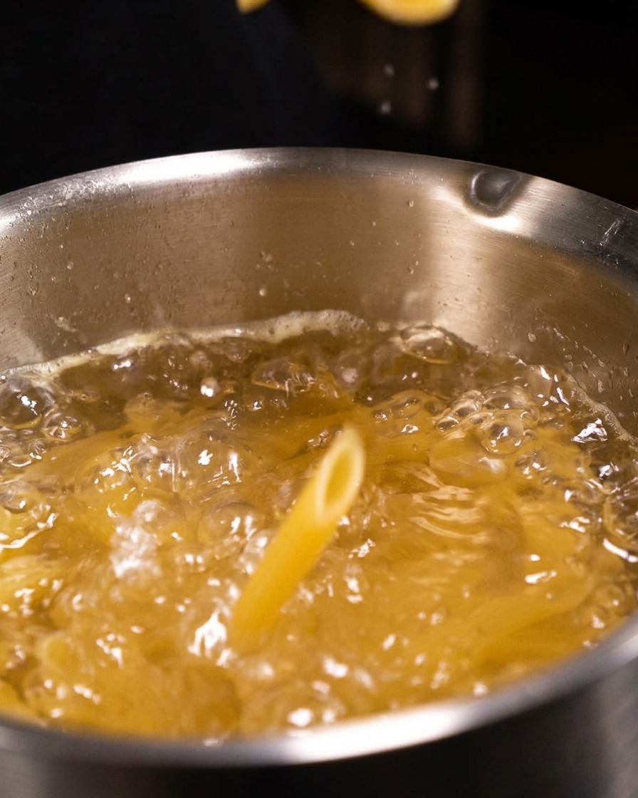 Penne rigate secche che si tuffano in una pentola di acqua bollente salata.