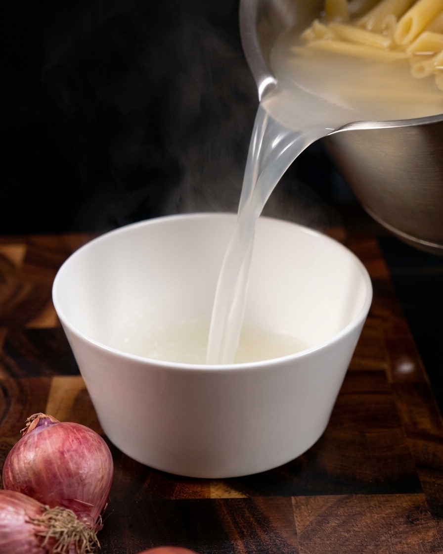 Acqua di cottura della pasta, calda e opaca, prelevata con un mestolo e versata in una ciotola di ceramica bianca.