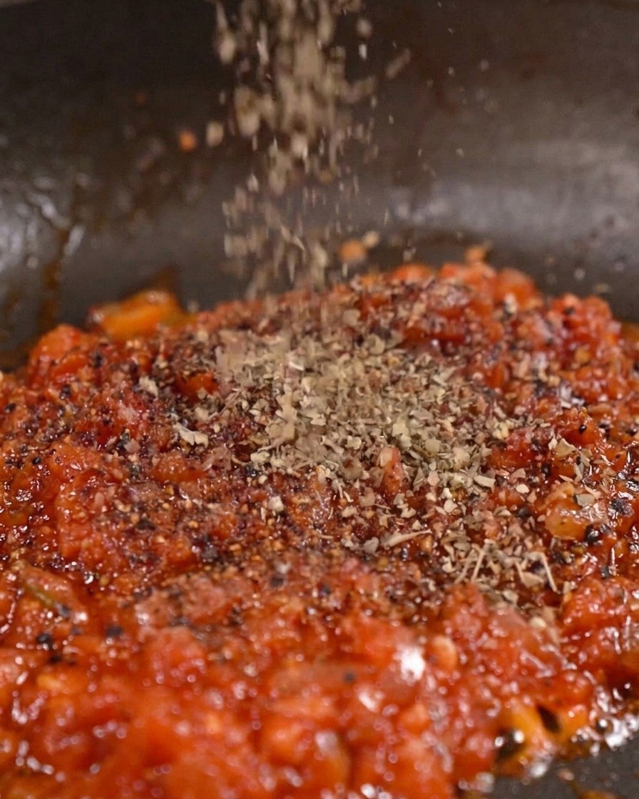 Erbe aromatiche secche e peperoncino in polvere spolverati dallalto in un sugo di pomodoro rosso e denso che sobbolle.
