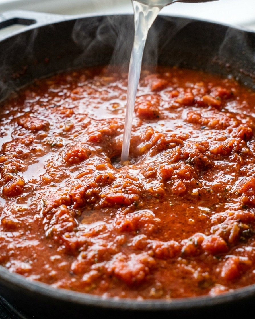 Un filo di acqua di cottura della pasta versata nella padella con il sugo di pomodoro, creando un leggero vortice.