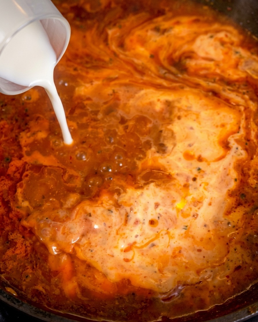 Panna liquida bianca versata nel sugo rosso, creando sfumature chiare e arancioni nella padella.