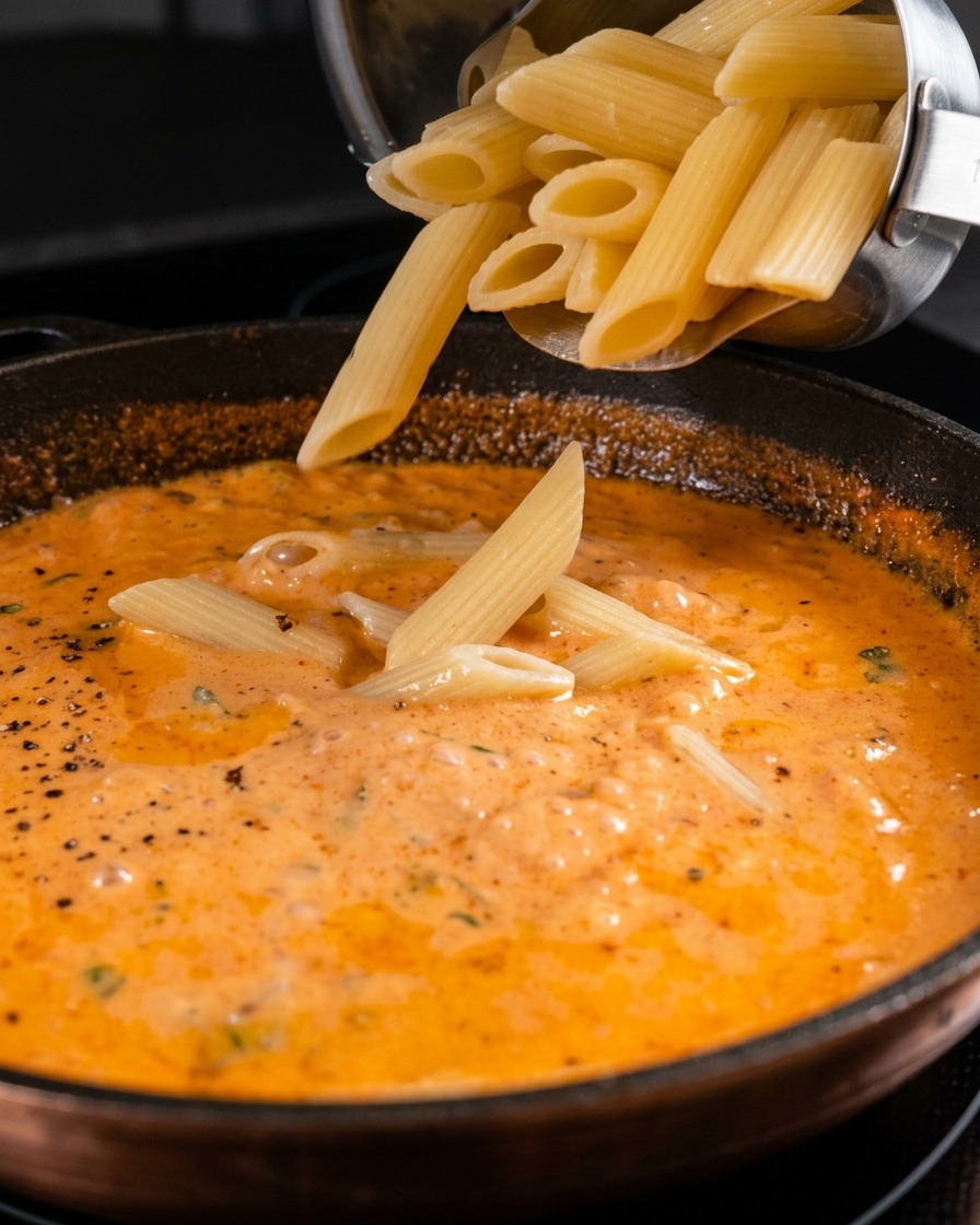 Penne cotte versate da una pentola di metallo direttamente nella padella ricca di salsa rosa cremosa.