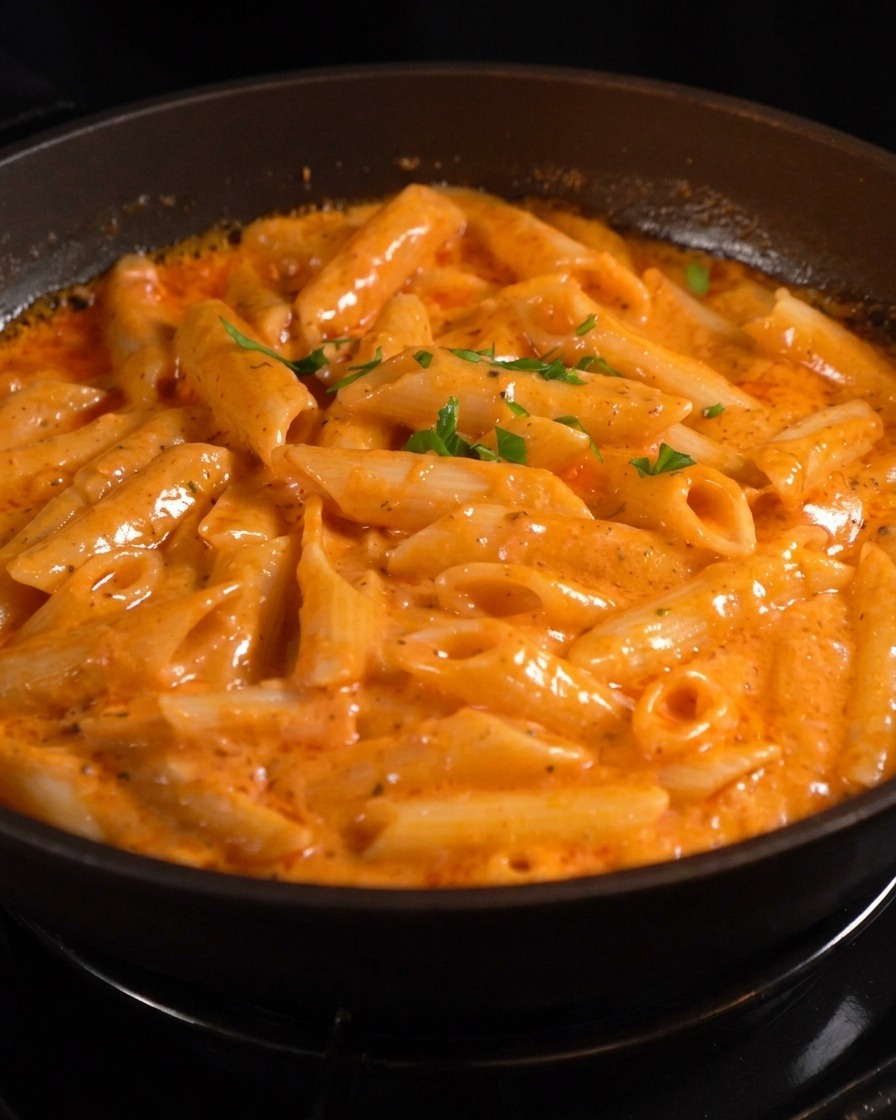 Una padella pronta di penne in salsa rosa cremosa, decorate con prezzemolo fresco tritato finemente.