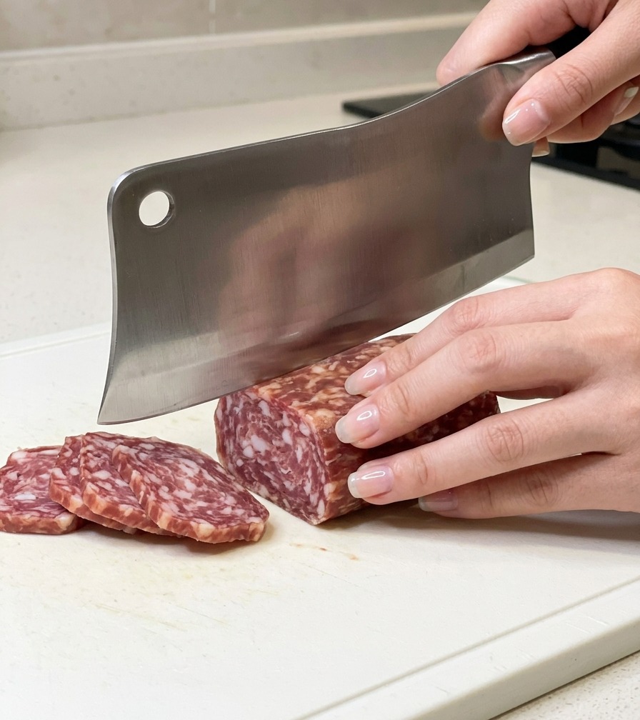 Mani che usano una grande mannaia di metallo per tagliare a fette un blocco di salame di manzo su un tagliere di plastica bianca.