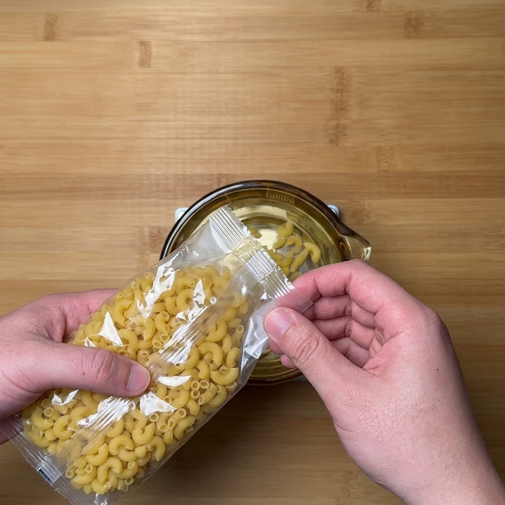 Maccheroni crudi versati da un sacchetto di plastica trasparente in una ciotola di vetro su una bilancia da cucina digitale.
