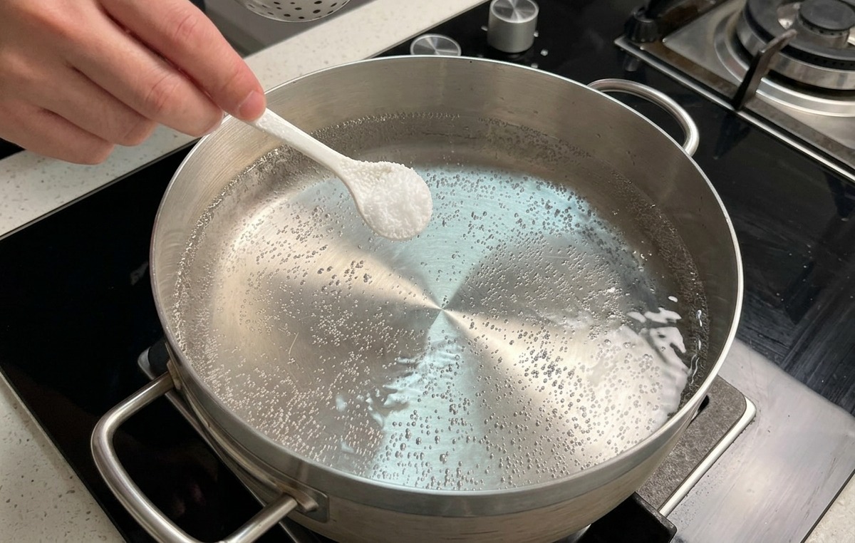 Una mano che versa un cucchiaino di sale in una pentola in acciaio con acqua in pieno bollore.