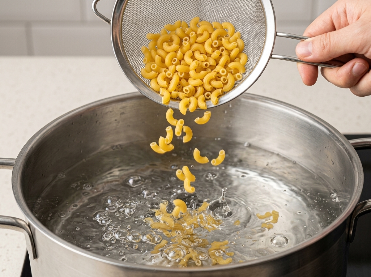 Maccheroni crudi versati da un piccolo colino metallico in una pentola di acqua bollente.
