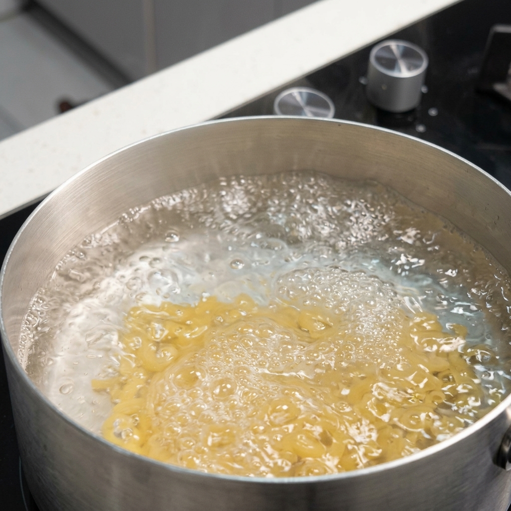 Maccheroni immersi nellacqua che bolle allinterno di una pentola di acciaio inossidabile.
