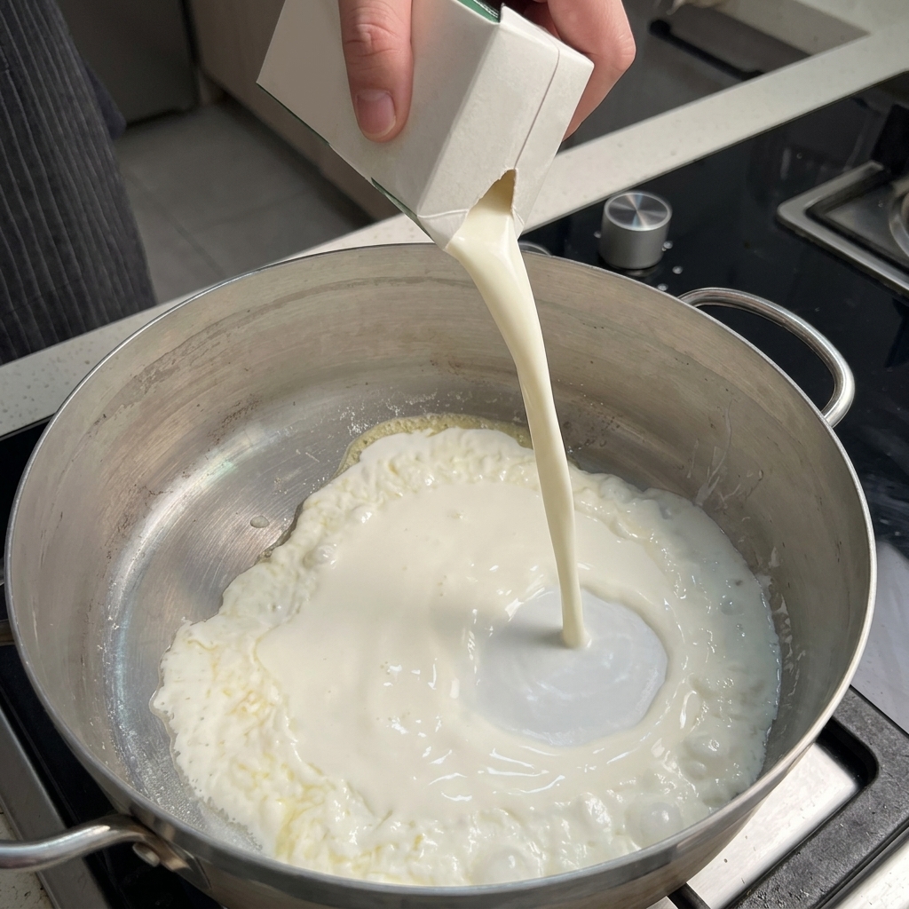 Un cartone che versa latte bianco in una padella calda contenente il composto di burro e farina.