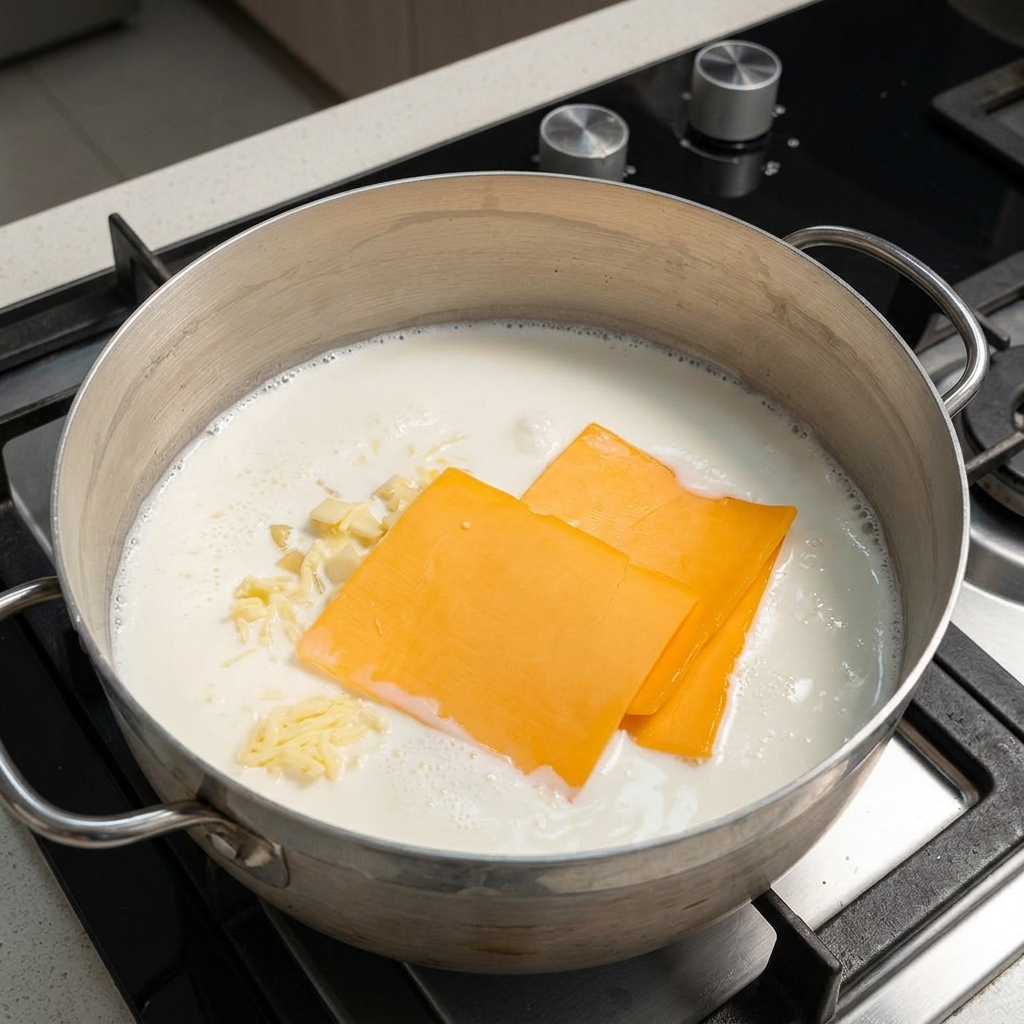 Fette di Cheddar arancione e formaggio grattugiato chiaro adagiati in una base di latte che sobbolle in padella.