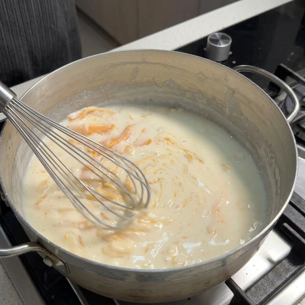 Una frusta metallica che mescola continuamente una salsa al formaggio densa e cremosa in padella sul fuoco.