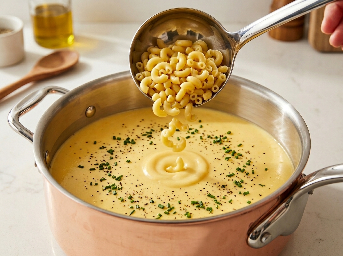 Un mestolo in acciaio inossidabile che versa i maccheroni cotti in una padella con la salsa al formaggio cremosa.