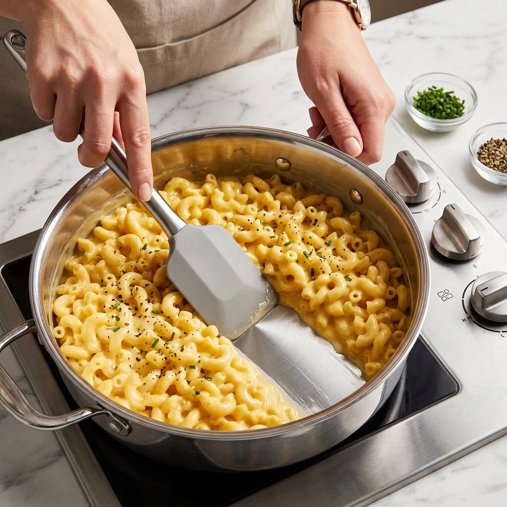 Una spatola in silicone grigio che mescola i maccheroni al formaggio densi e cremosi in una padella sul fuoco.