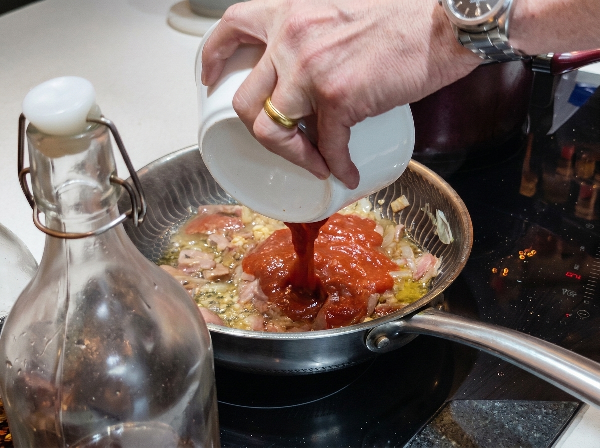 Un sugo di pomodoro rosso vivo versato da una ciotola di ceramica bianca in una padella contenente pancetta e cipolle fritte.
