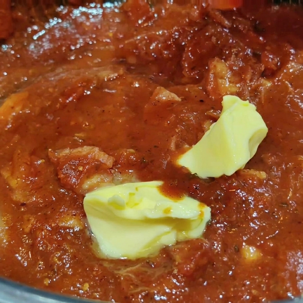 Noci di burro giallo che si sciolgono in un sugo di pomodoro e pancetta che sobbolle.