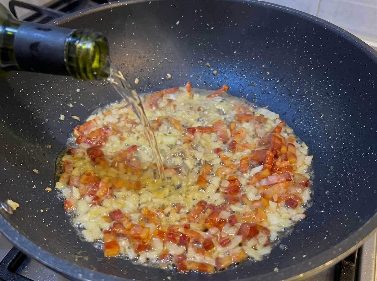 Vino bianco versato da una bottiglia in una padella con guanciale croccante e cipolla tritata, creando vapore.